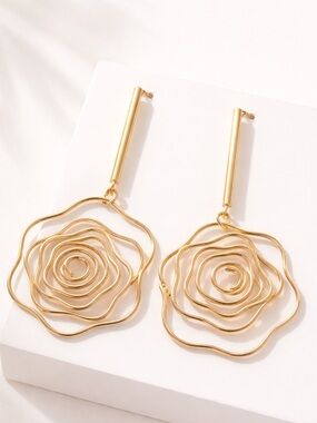 Gold Rose Wire Drop Earrings | Minimalist Statement Floral Dangle | Lightweight